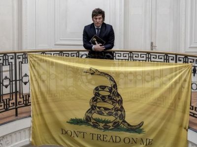 Хавьер Милей с либертарианским флагом. Фото: t.me/rynochek_poreshayet